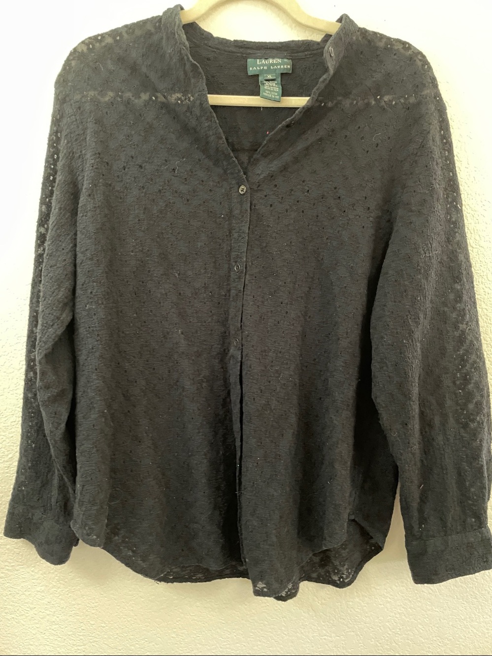 Ralph Lauren 100% cotton Embroidery Eyelet Black Long Sleeve Shirt L Classic Xl